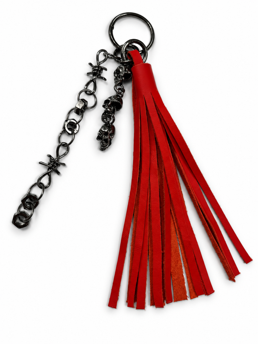 Handcut Red Leather Tassel with Skull Chain Charms and Barbed Wire-Style Chain Bag Charm