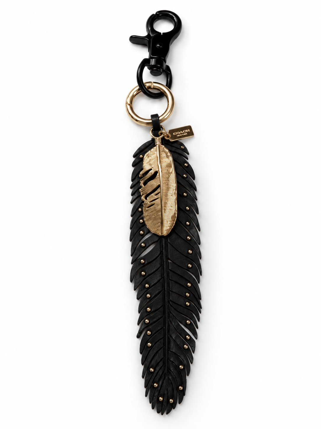 Ships 10.13.26 Repurposed Coach Leather Studded Feather and Coach Gold Metal Feather Black and Gold Tone