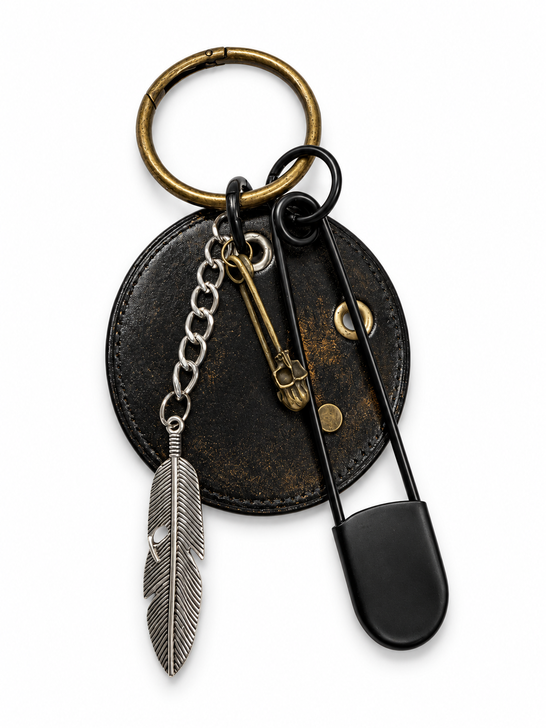 Repurposed Painted & Distressed Coach Coaster with XL Carabiner, Mixed Metal Charms and Rivets