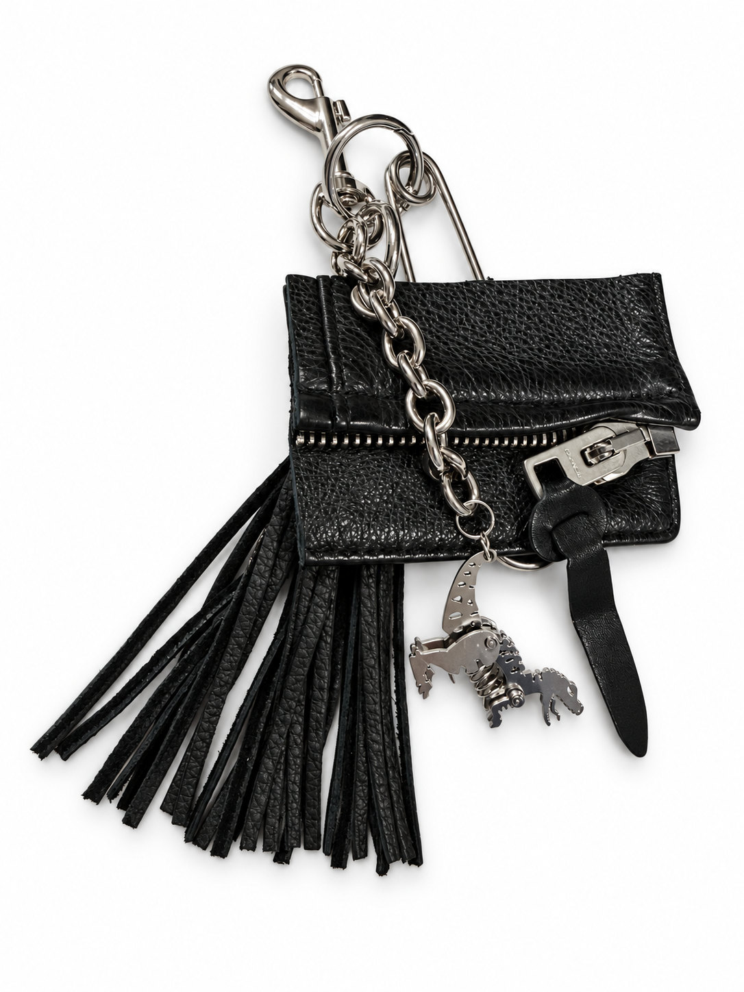 Repurposed Piece of a Coach Motorcycle Jacket, XL Safety Pin, Metal T-Rex, and Leather Tassel Bag Charm Cluster