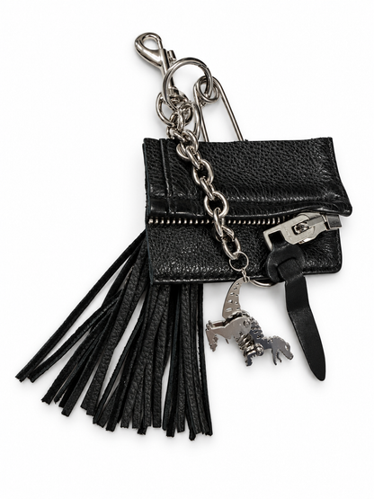 Repurposed Piece of a Coach Motorcycle Jacket, XL Safety Pin, Metal T-Rex, and Leather Tassel Bag Charm Cluster
