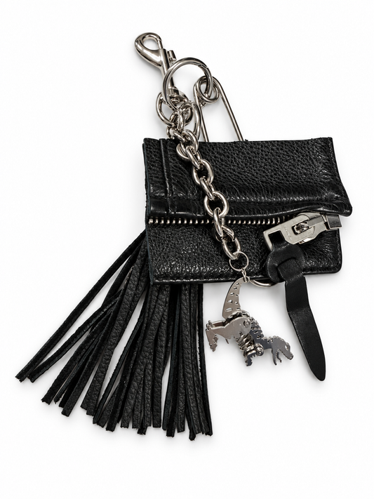Repurposed Piece of a Coach Motorcycle Jacket, XL Safety Pin, Metal T-Rex, and Leather Tassel Bag Charm Cluster