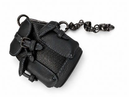 Upcrafted Coach Mini-Backpack Painted Black Bag Charm with Snake and Skull Charm Chain