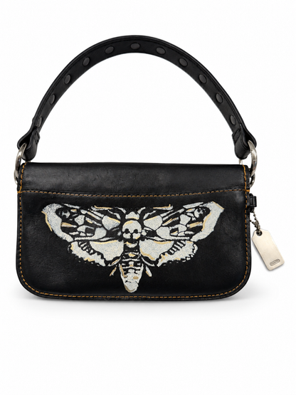 Upcrafted Coach Pouch with Stenciled Skull Moth, Rivets, Studded Handle, and Metal Mini Hangtag