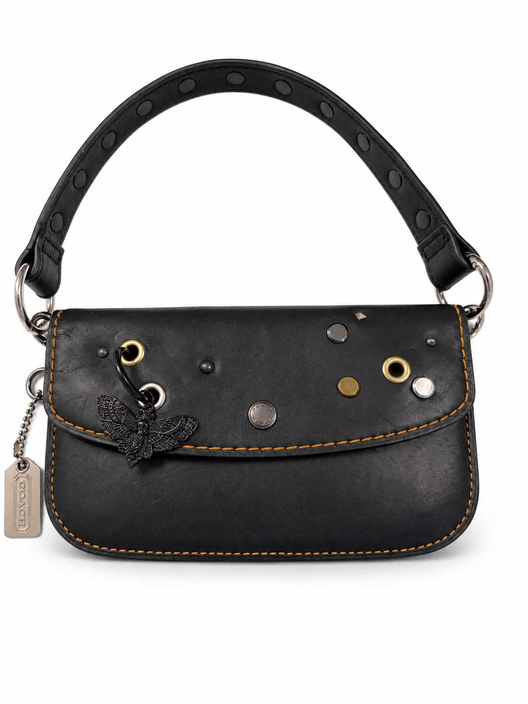 Upcrafted Coach Pouch with Stenciled Skull Moth, Rivets, Studded Handle, and Metal Mini Hangtag