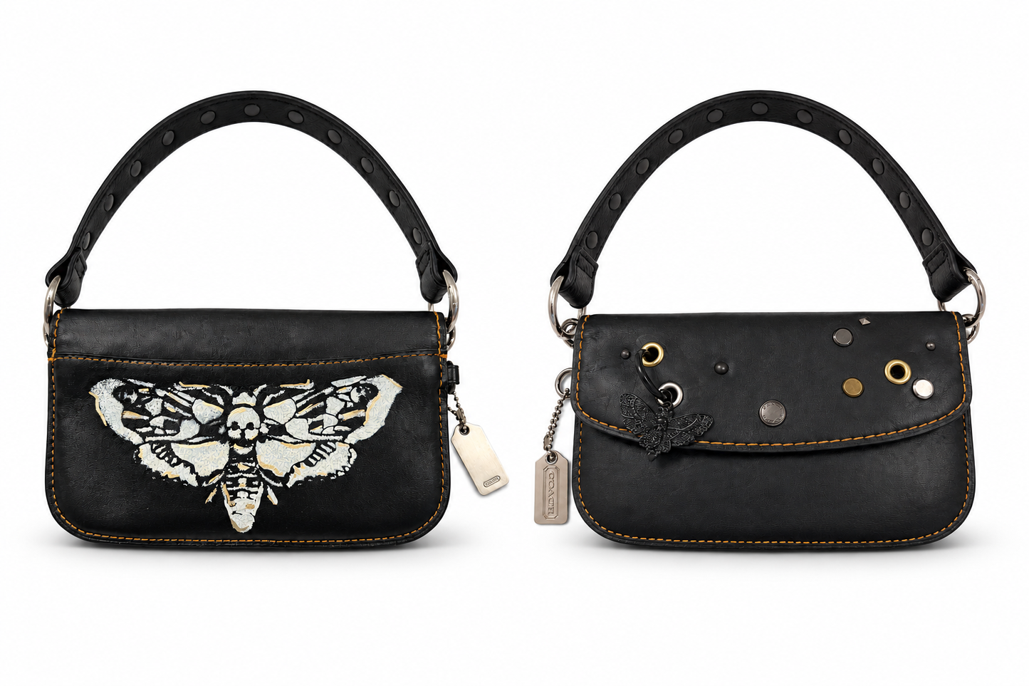 Upcrafted Coach Pouch with Stenciled Skull Moth, Rivets, Studded Handle, and Metal Mini Hangtag