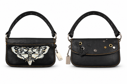 Upcrafted Coach Pouch with Stenciled Skull Moth, Rivets, Studded Handle, and Metal Mini Hangtag