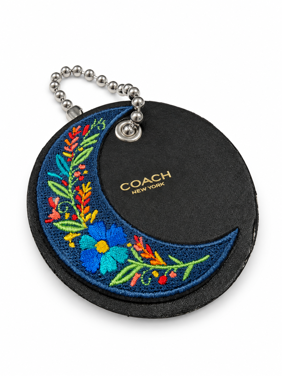 Repurposed Center of a Coach Coaster Holder with Embroidered Moon Patch and Large Ball Chain