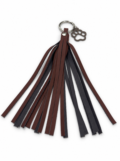 Handcut Two-Tone Leather Tassel with Leather Paw Print Charm