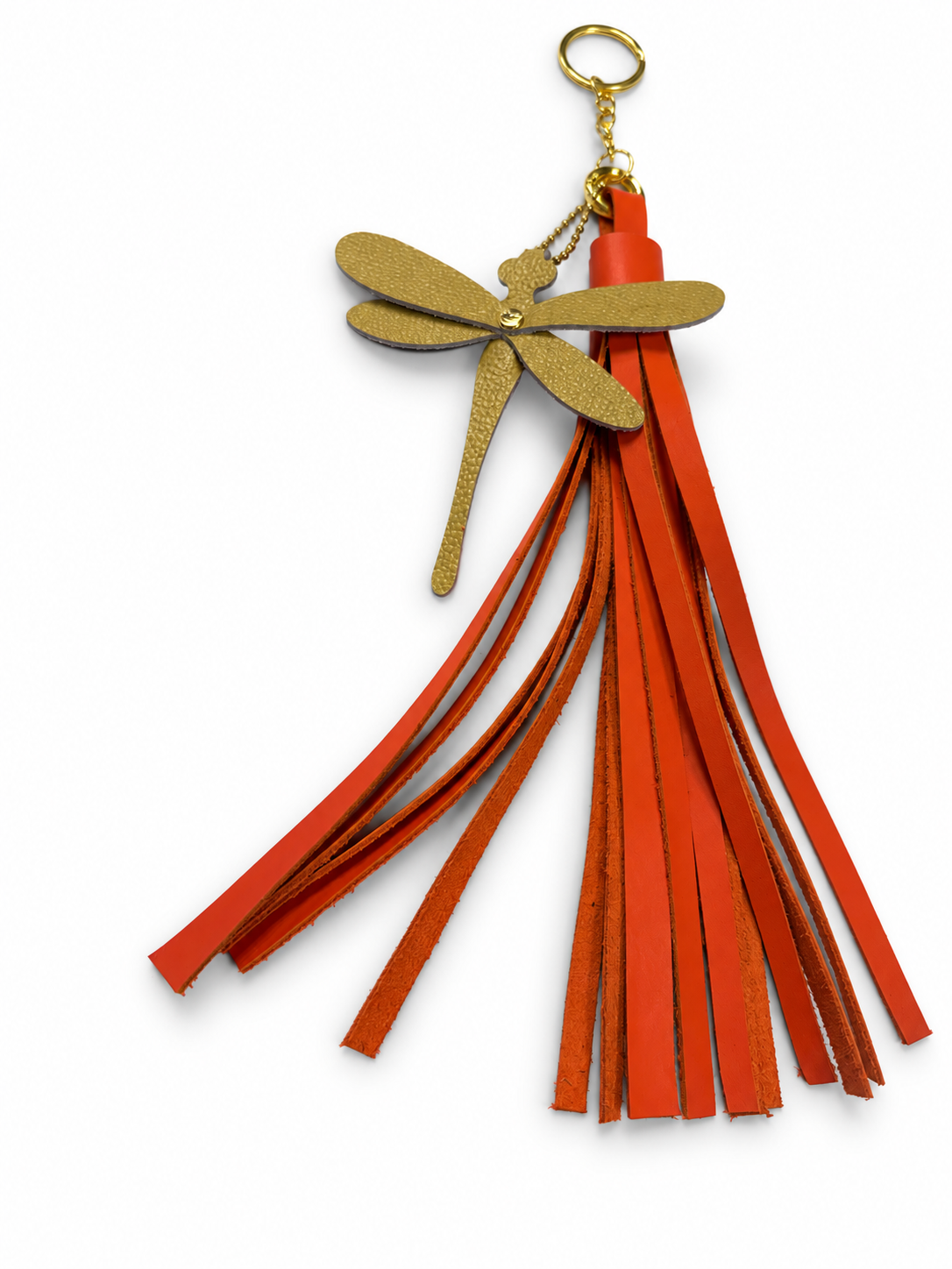 Orange Leather Handcut Tassel with Handmade Yellow Leather Dragonfly Charm on Gold Tone Hardware