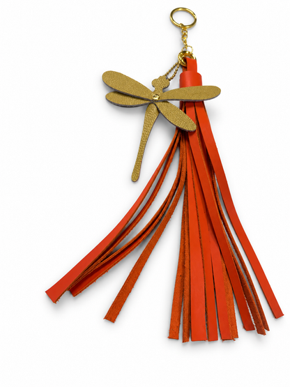 Orange Leather Handcut Tassel with Handmade Yellow Leather Dragonfly Charm on Gold Tone Hardware