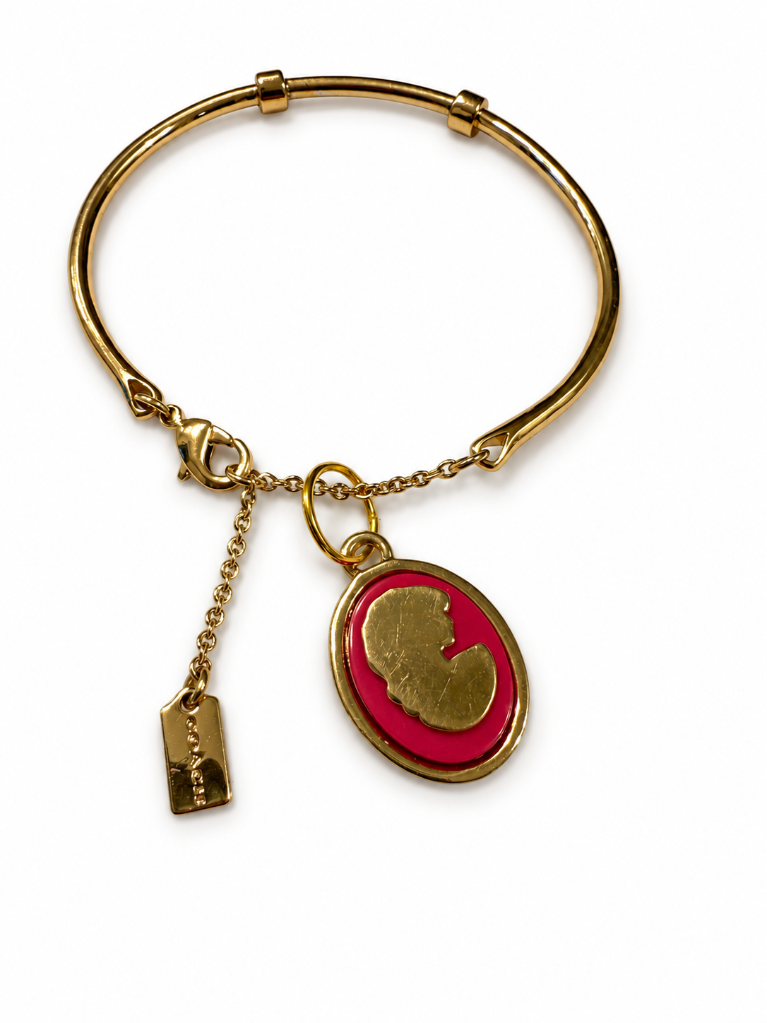 Repurposed Coach Gold Tone Charm Bracelet with Coach Pink and Gold Tone Cameo Charm