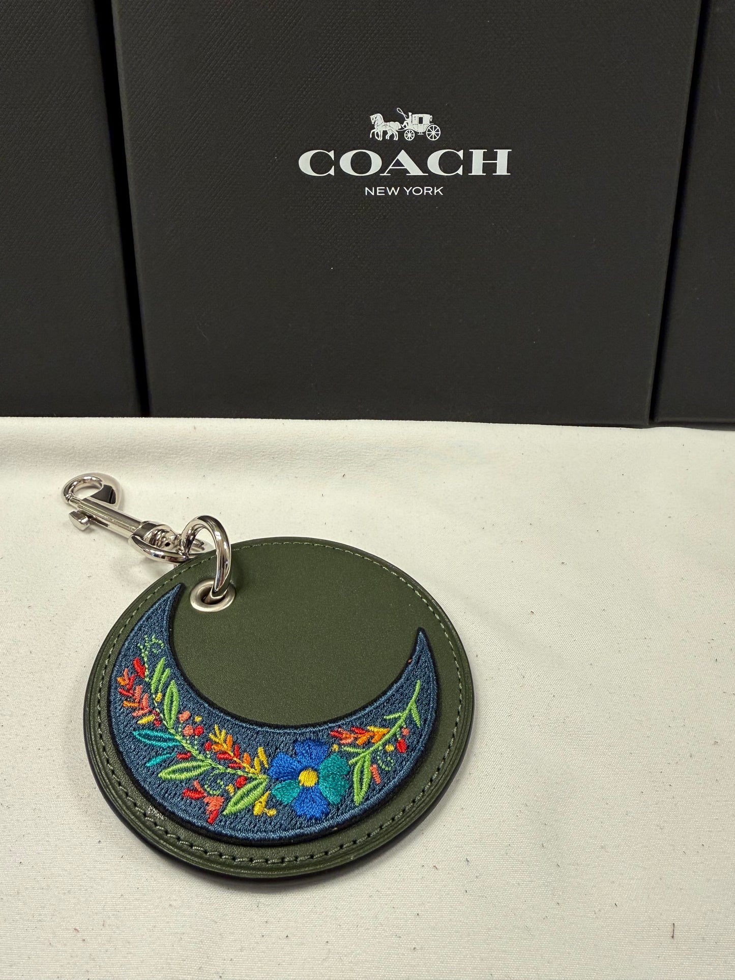 Repurposed Coach Coaster with Embroidered Moon Patch Bag Charm
