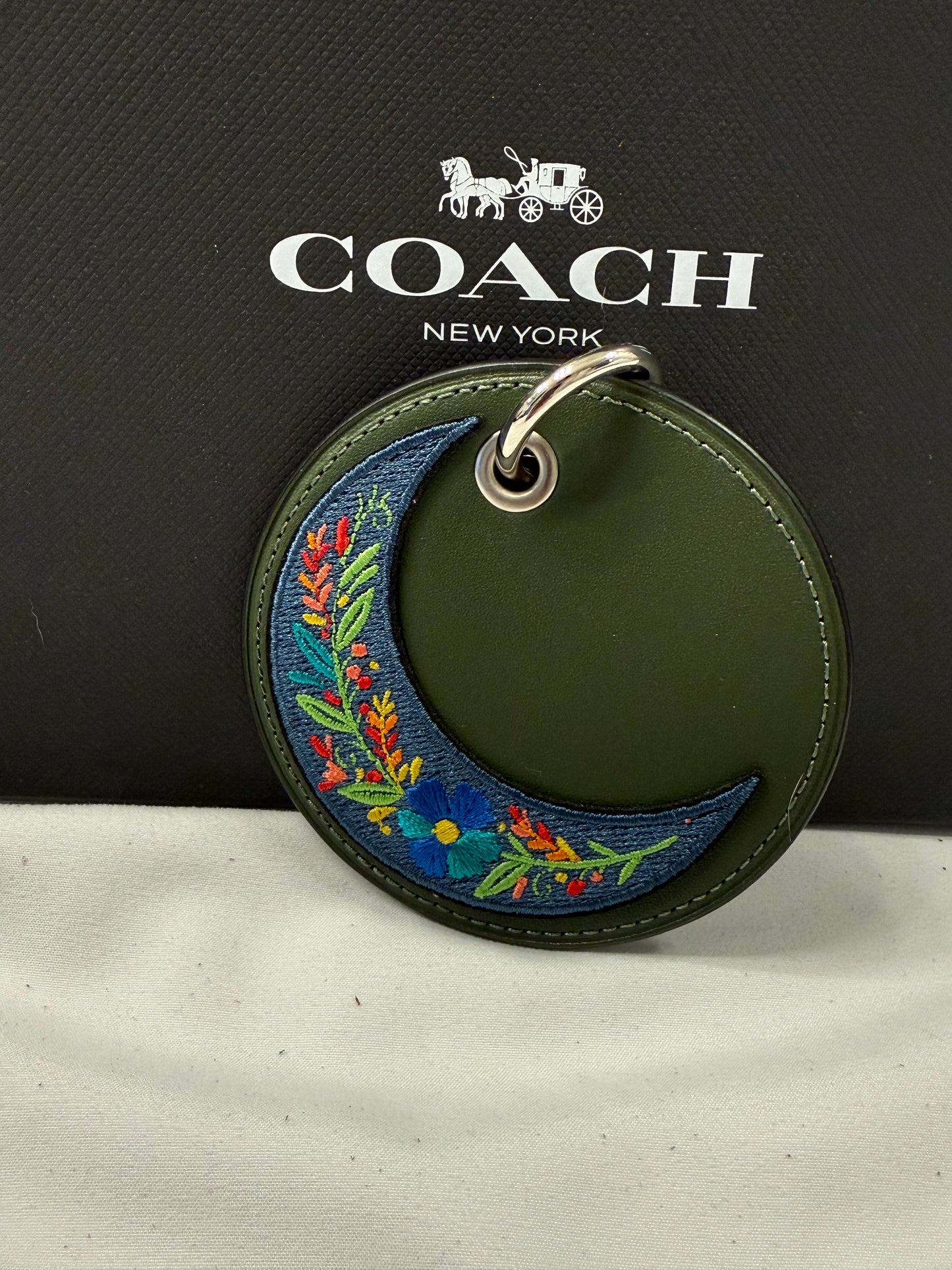 Repurposed Coach Coaster with Embroidered Moon Patch Bag Charm