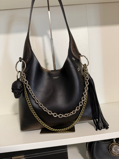 Bag Chain with Handmade Leather Tassel Double Mixed Metal Chain and RubberBlack Skull