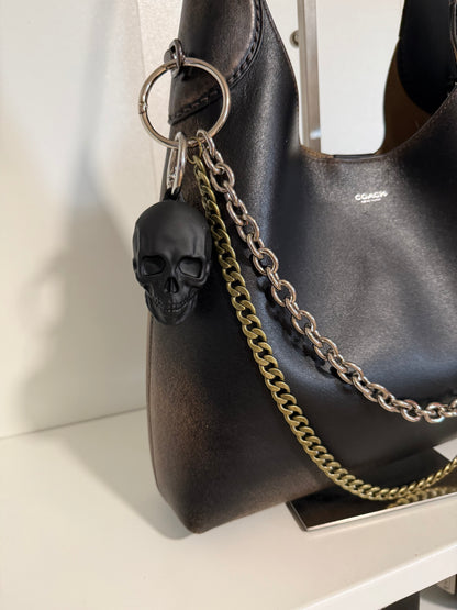 Bag Chain with Handmade Leather Tassel Double Mixed Metal Chain and RubberBlack Skull