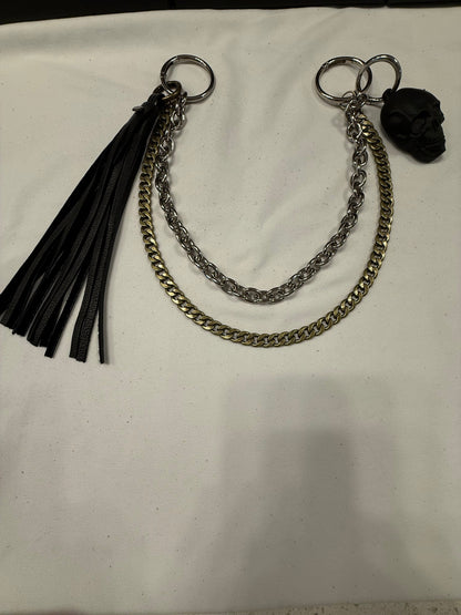 Bag Chain with Handmade Leather Tassel Double Mixed Metal Chain and RubberBlack Skull