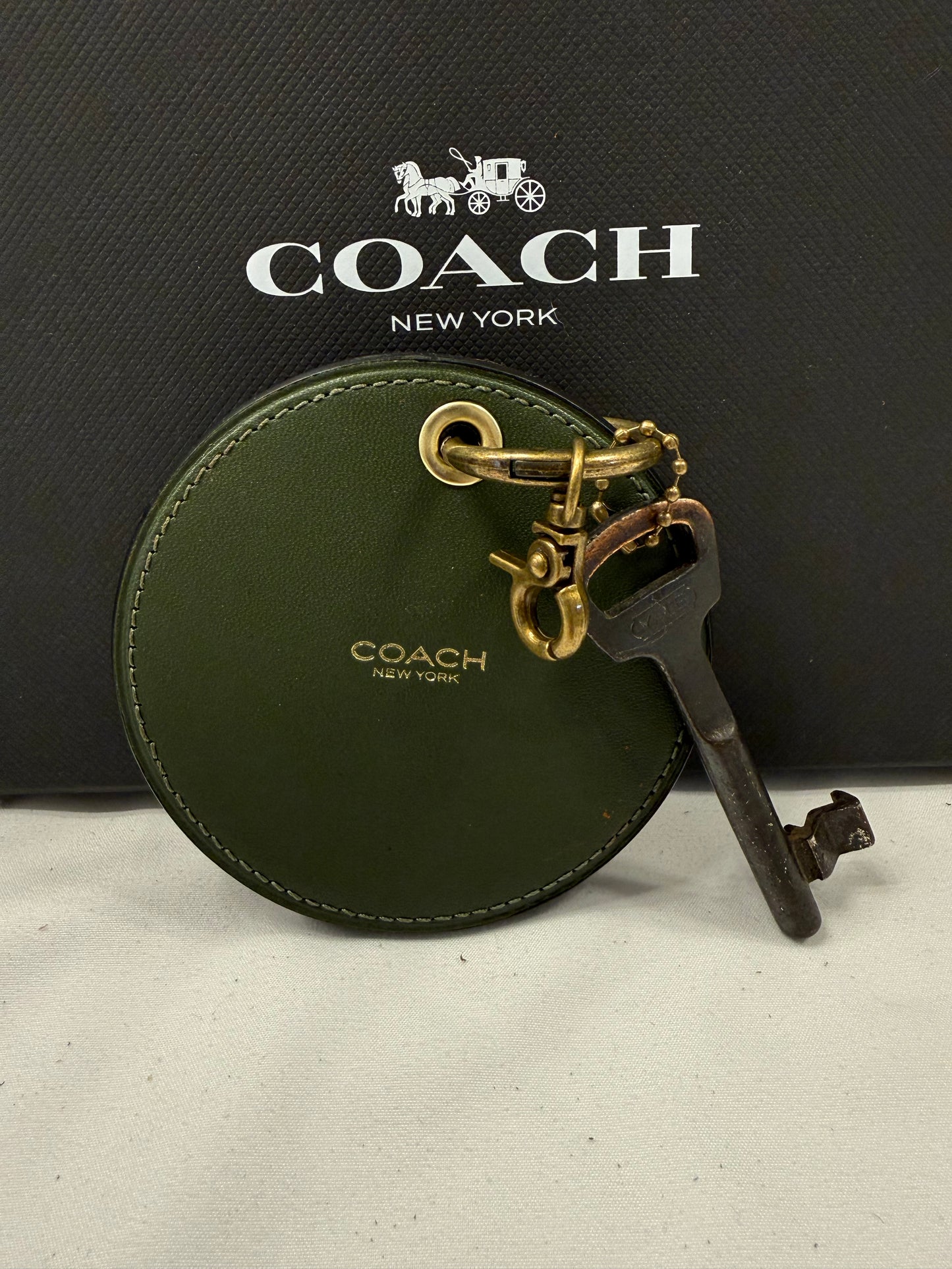 Repurposed Olive Coach Coaster and Moss Mills Handbag Leather with Authentic Antique Key