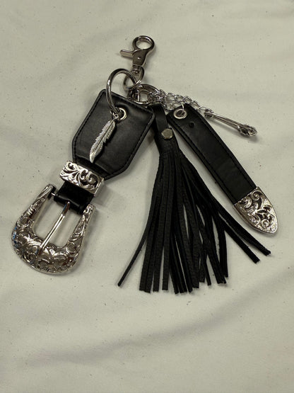 Repurposed Western Belt with Feather Charm and Skull Charm with Handmade Leather Tassel