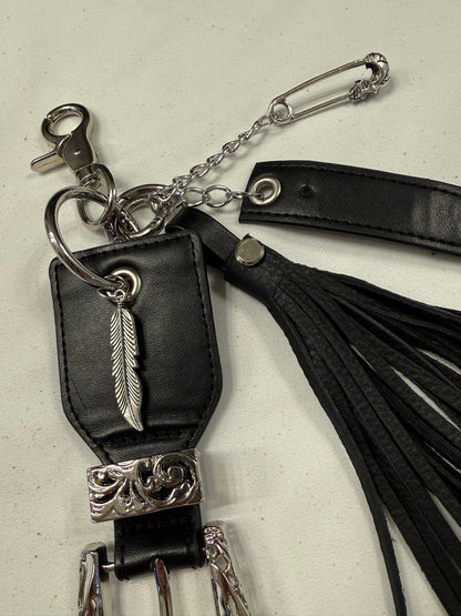 Repurposed Western Belt with Feather Charm and Skull Charm with Handmade Leather Tassel