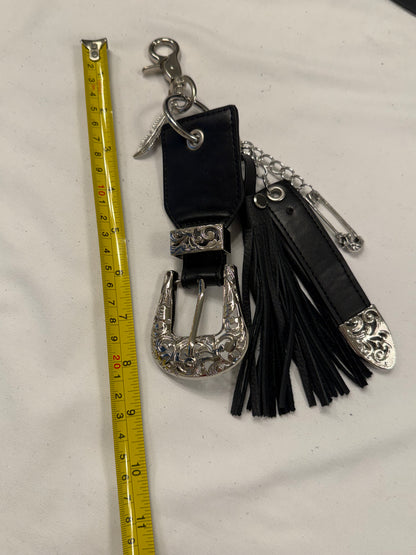 Repurposed Western Belt with Feather Charm and Skull Charm with Handmade Leather Tassel
