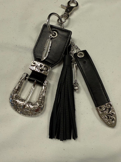 Repurposed Western Belt with Feather Charm and Skull Charm with Handmade Leather Tassel