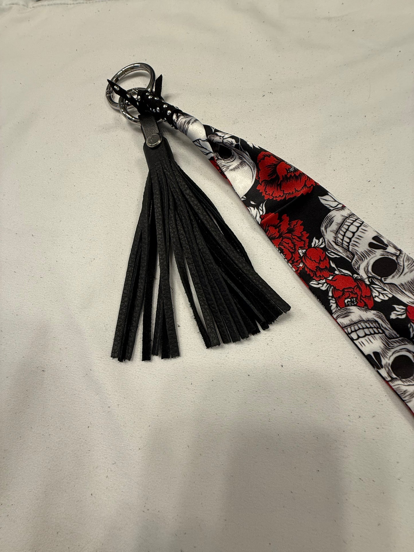 Skull Scarf Charm and Handmade 4" Leather Tassel in Red- Bag Charm