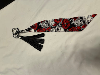 Skull Scarf Charm and Handmade 4" Leather Tassel in Red- Bag Charm