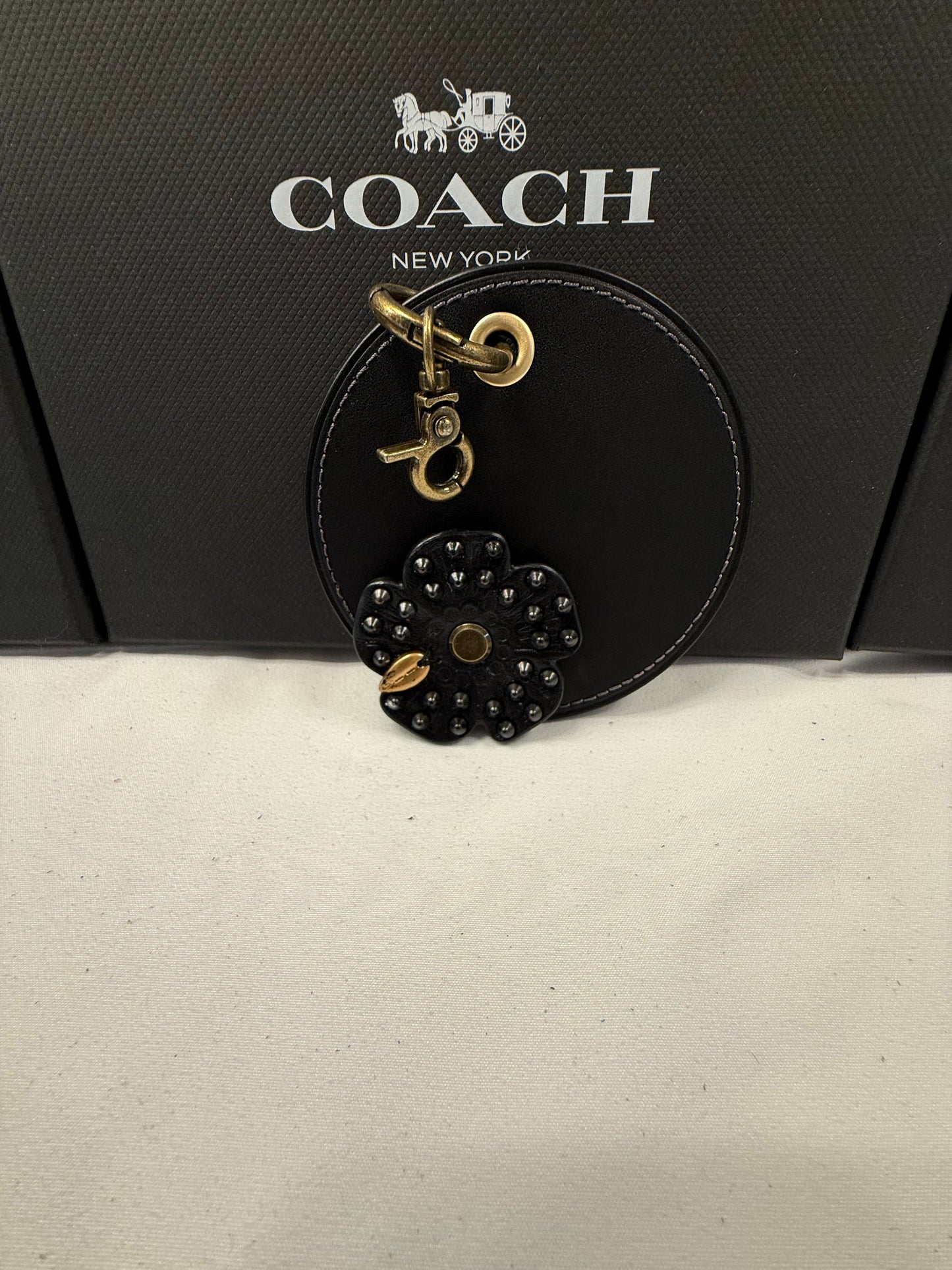 Repurposed Coach Coaster and Studded Tea Rose Bag Charm