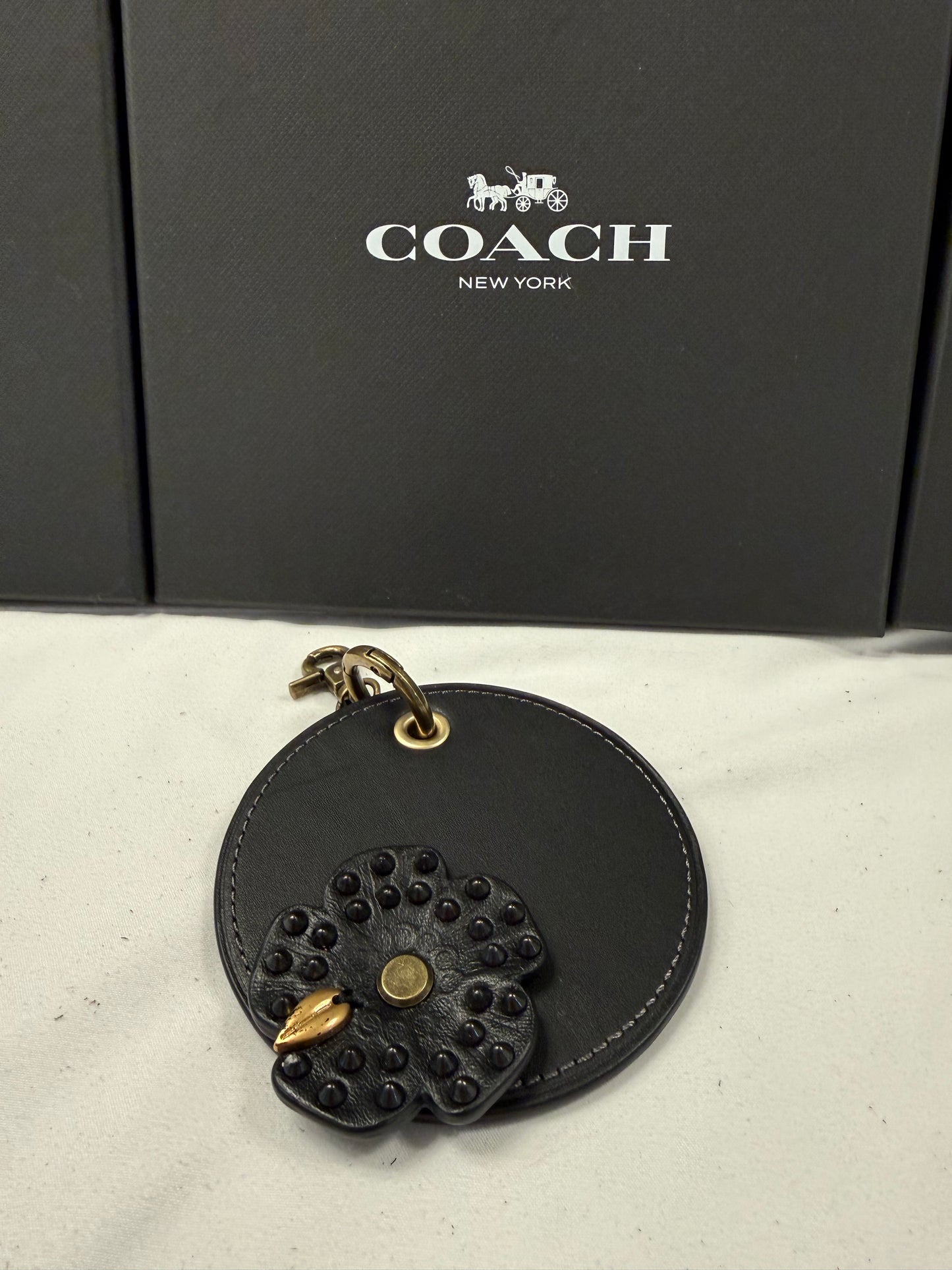Repurposed Coach Coaster and Studded Tea Rose Bag Charm