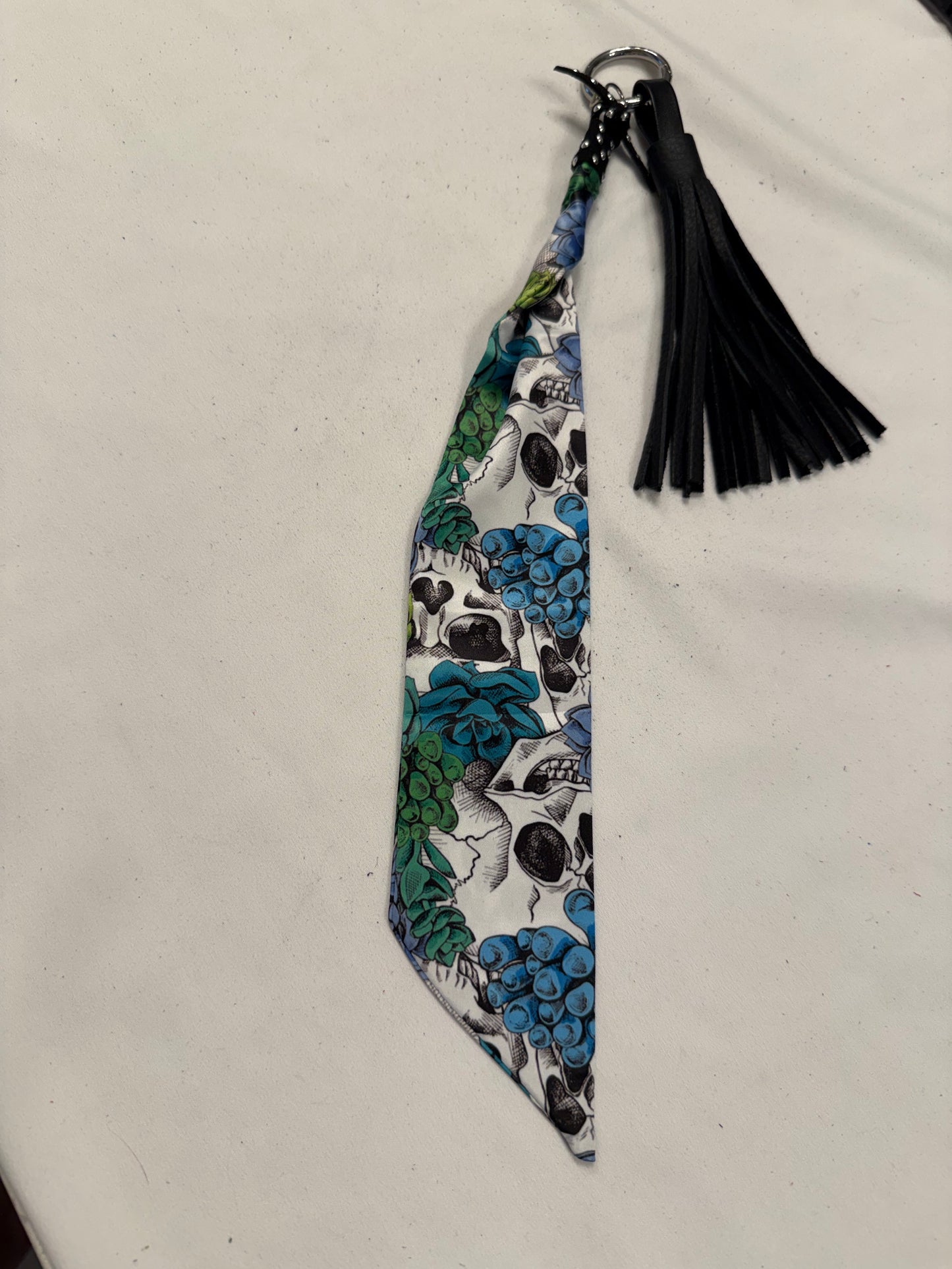Skull Scarf charm and Handmade Black Leather 4" Tassel Bag Charm
