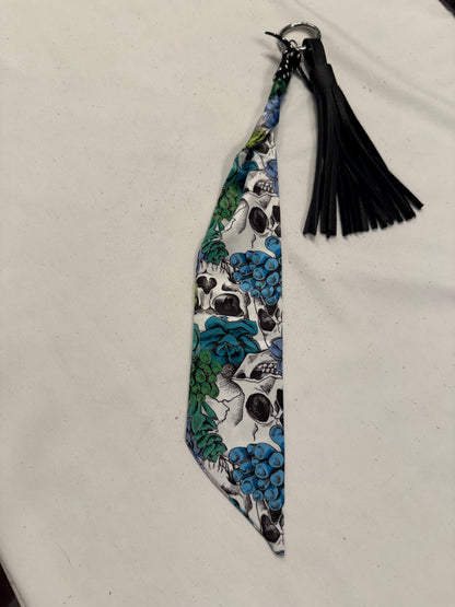 Skull Scarf charm and Handmade Black Leather 4" Tassel Bag Charm