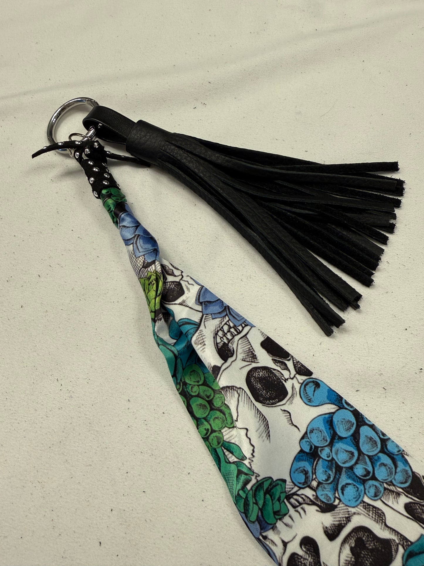 Skull Scarf charm and Handmade Black Leather 4" Tassel Bag Charm