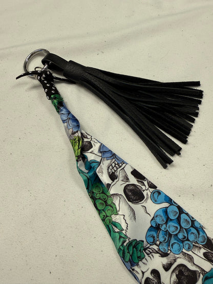 Skull Scarf charm and Handmade Black Leather 4" Tassel Bag Charm