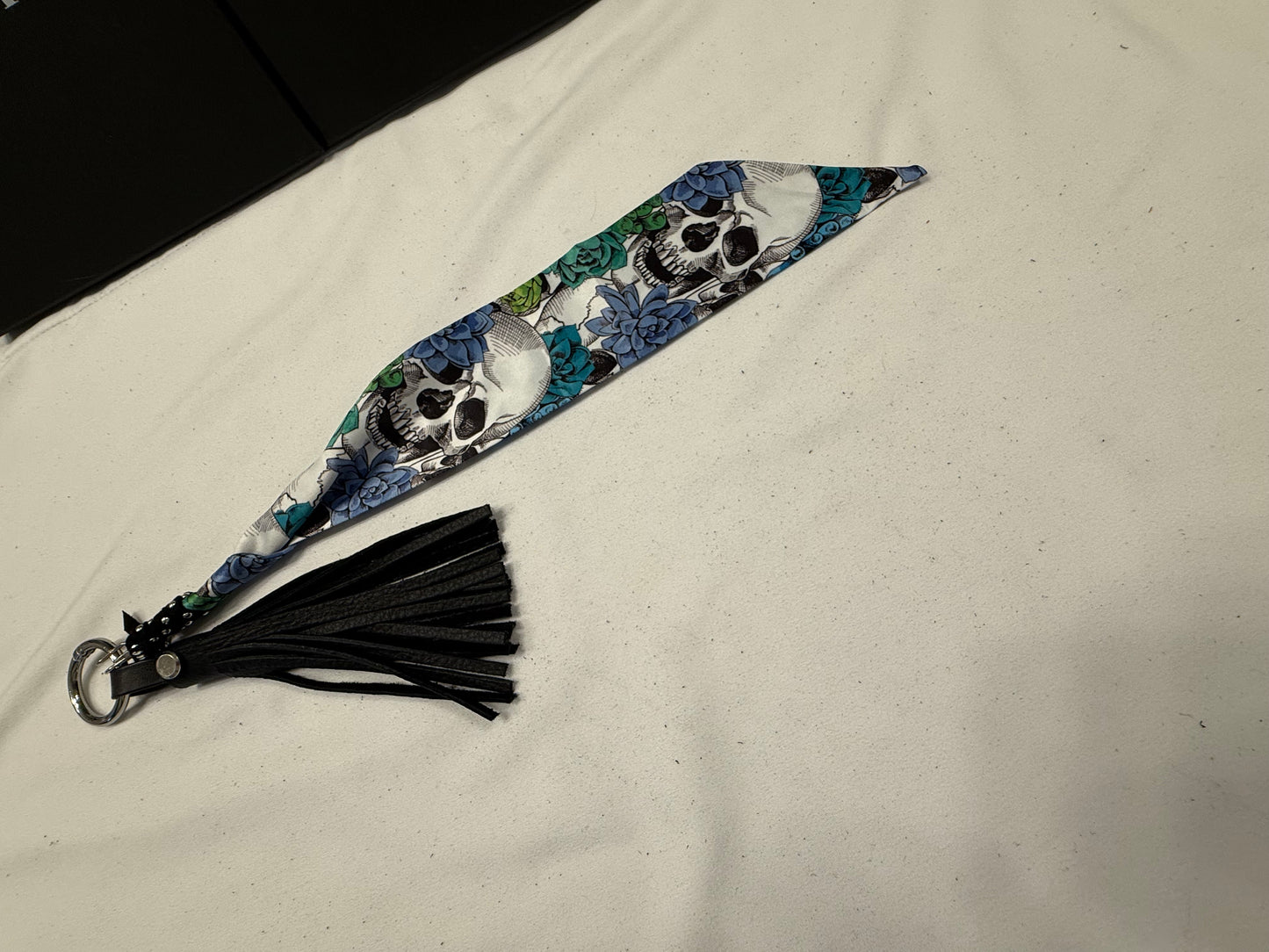 Skull Scarf charm and Handmade Black Leather 4" Tassel Bag Charm