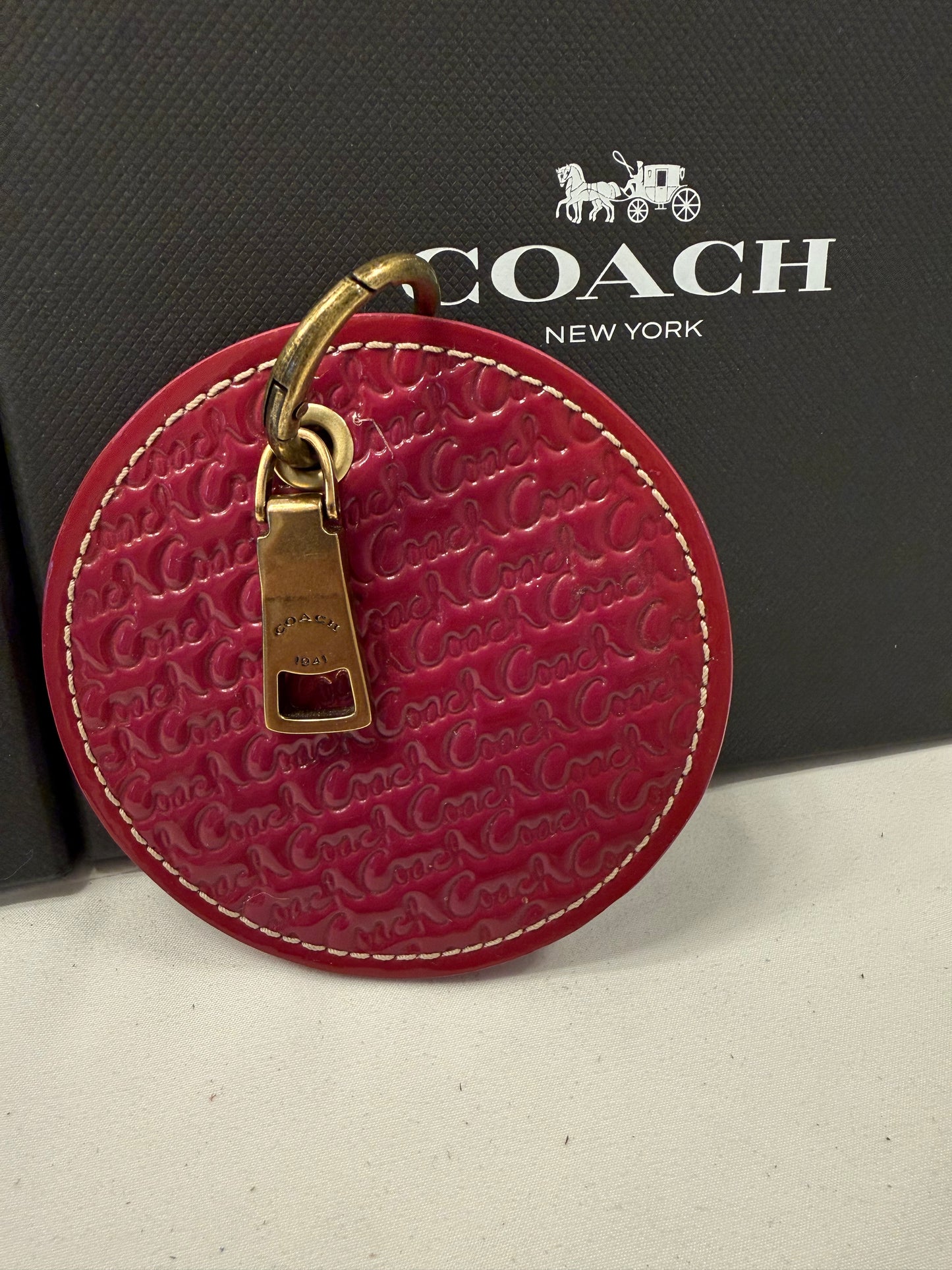 Repurposed Coach 1990s Pink Coaster with Coach Zipper Pull- Bag Charm