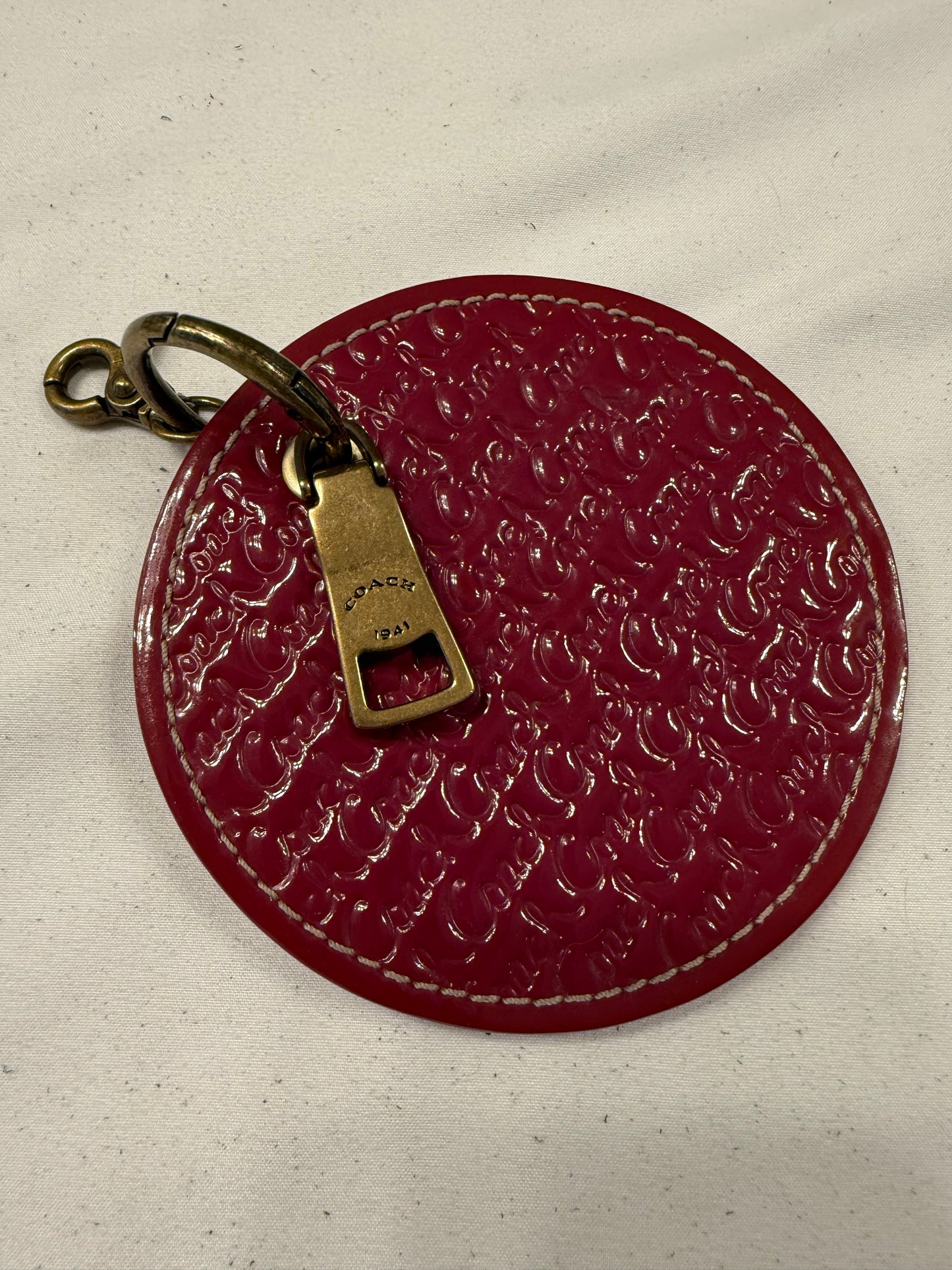 Repurposed Coach 1990s Pink Coaster with Coach Zipper Pull- Bag Charm