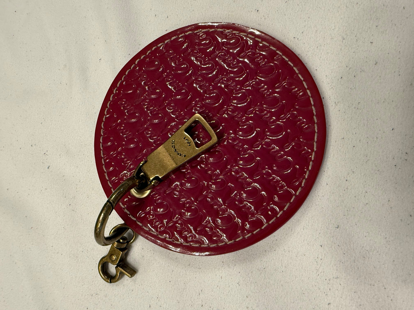 Repurposed Coach 1990s Pink Coaster with Coach Zipper Pull- Bag Charm