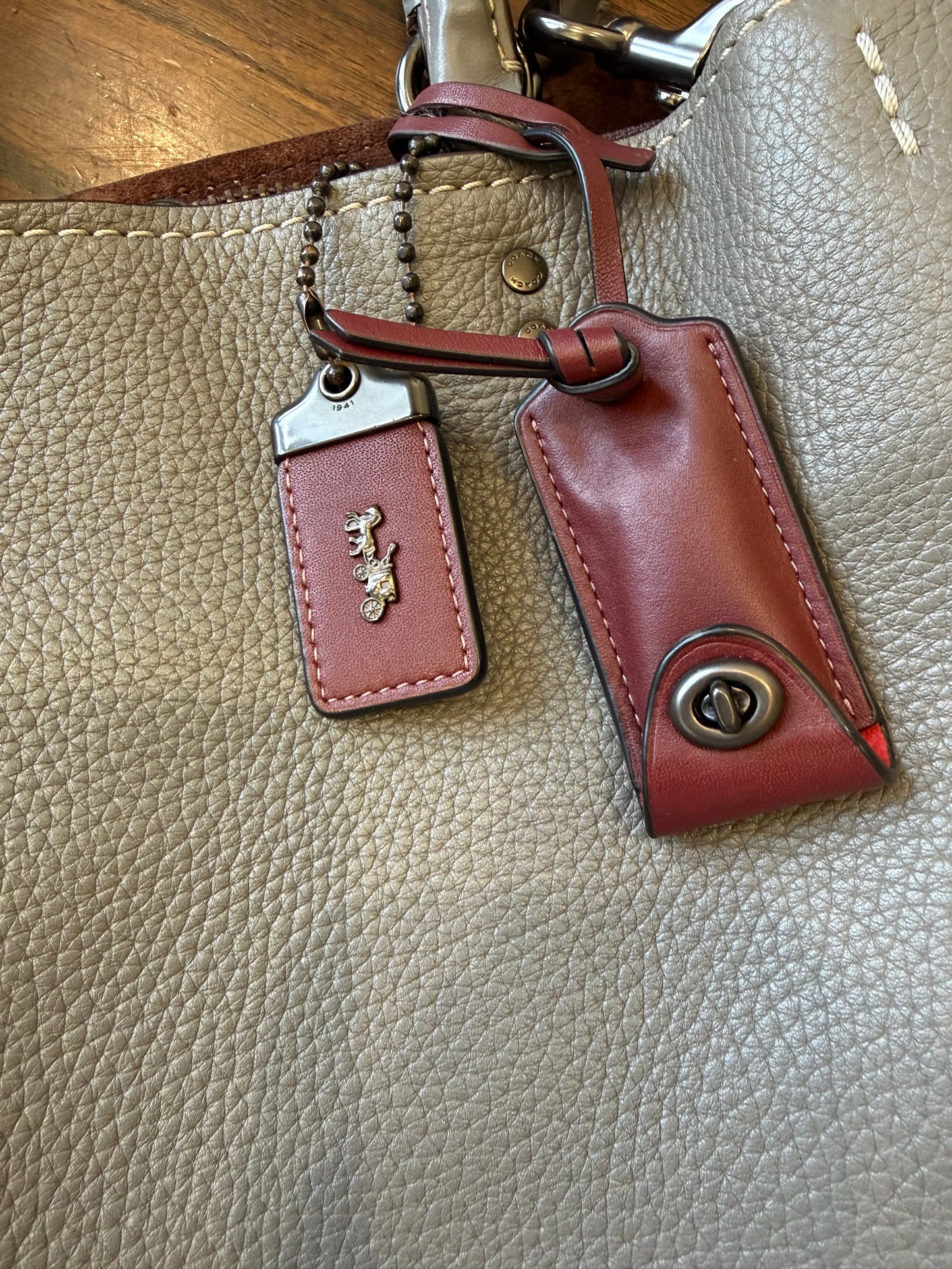 Pre-Loved Coach Rogue 31 Heather Gray Replaced with Red Leather Clochette and Hangtag