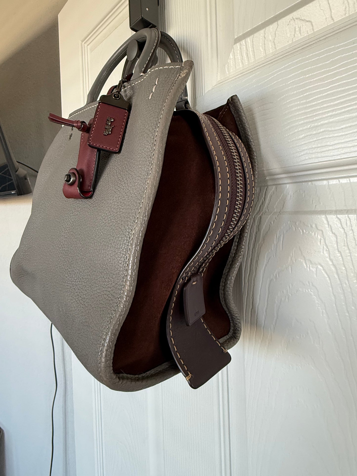 Pre-Loved Coach Rogue 31 Heather Gray Replaced with Red Leather Clochette and Hangtag