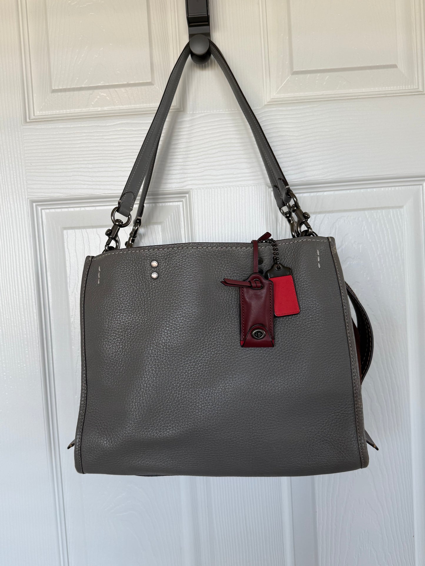 Pre-Loved Coach Rogue 31 Heather Gray Replaced with Red Leather Clochette and Hangtag