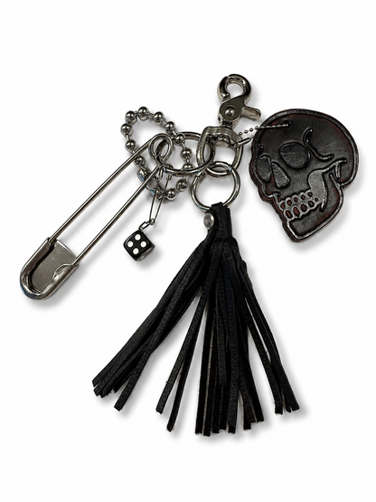 Ships 10.13.26 Bag Charm Cluster | Distressed KMM & Co. Leather Skull, Black Leather Tassel & Silver Hardware