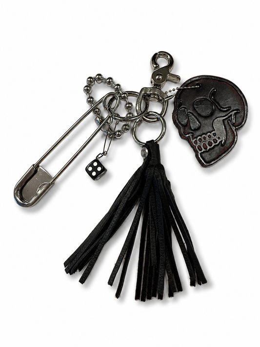 Bag Charm Cluster | Distressed KMM & Co. Leather Skull, Black Leather Tassel & Silver Hardware