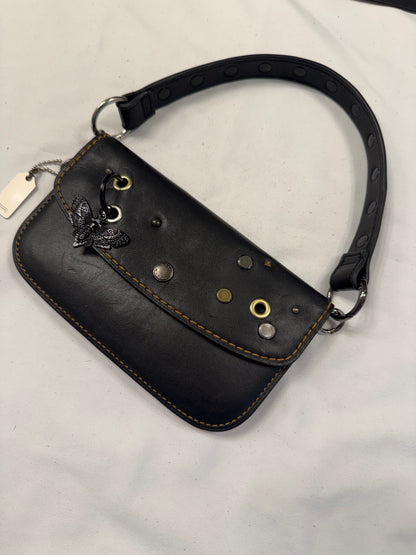 Upcrafted Coach Pouch with Stenciled Skull Moth, Rivets, Studded Handle, and Metal Mini Hangtag