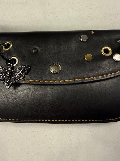 Upcrafted Coach Pouch with Stenciled Skull Moth, Rivets, Studded Handle, and Metal Mini Hangtag