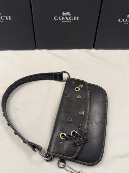 Upcrafted Coach Pouch with Stenciled Skull Moth, Rivets, Studded Handle, and Metal Mini Hangtag