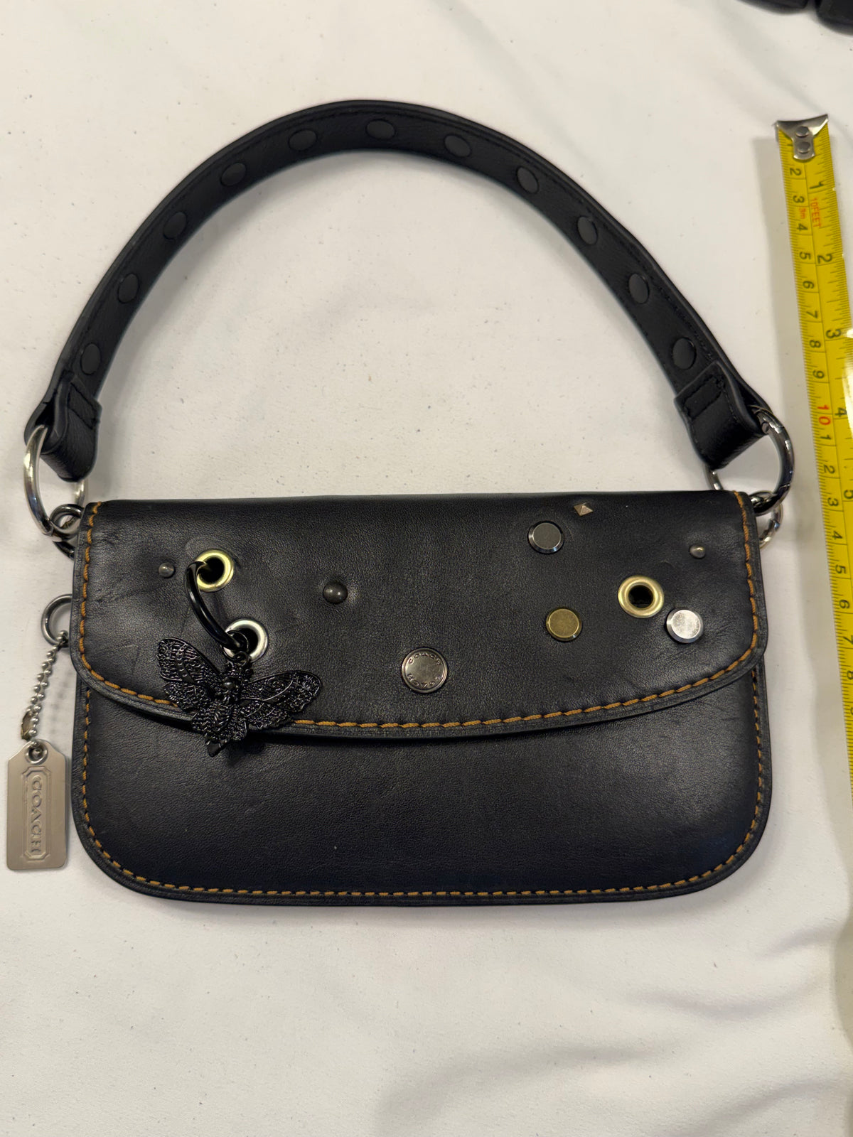 Upcrafted Coach Pouch with Stenciled Skull Moth, Rivets, Studded Handle, and Metal Mini Hangtag