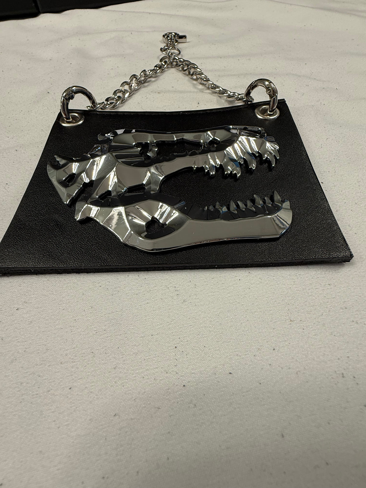 Repurposed Piece of a Coach Handbag with T-Rex Emblem Bag Charm