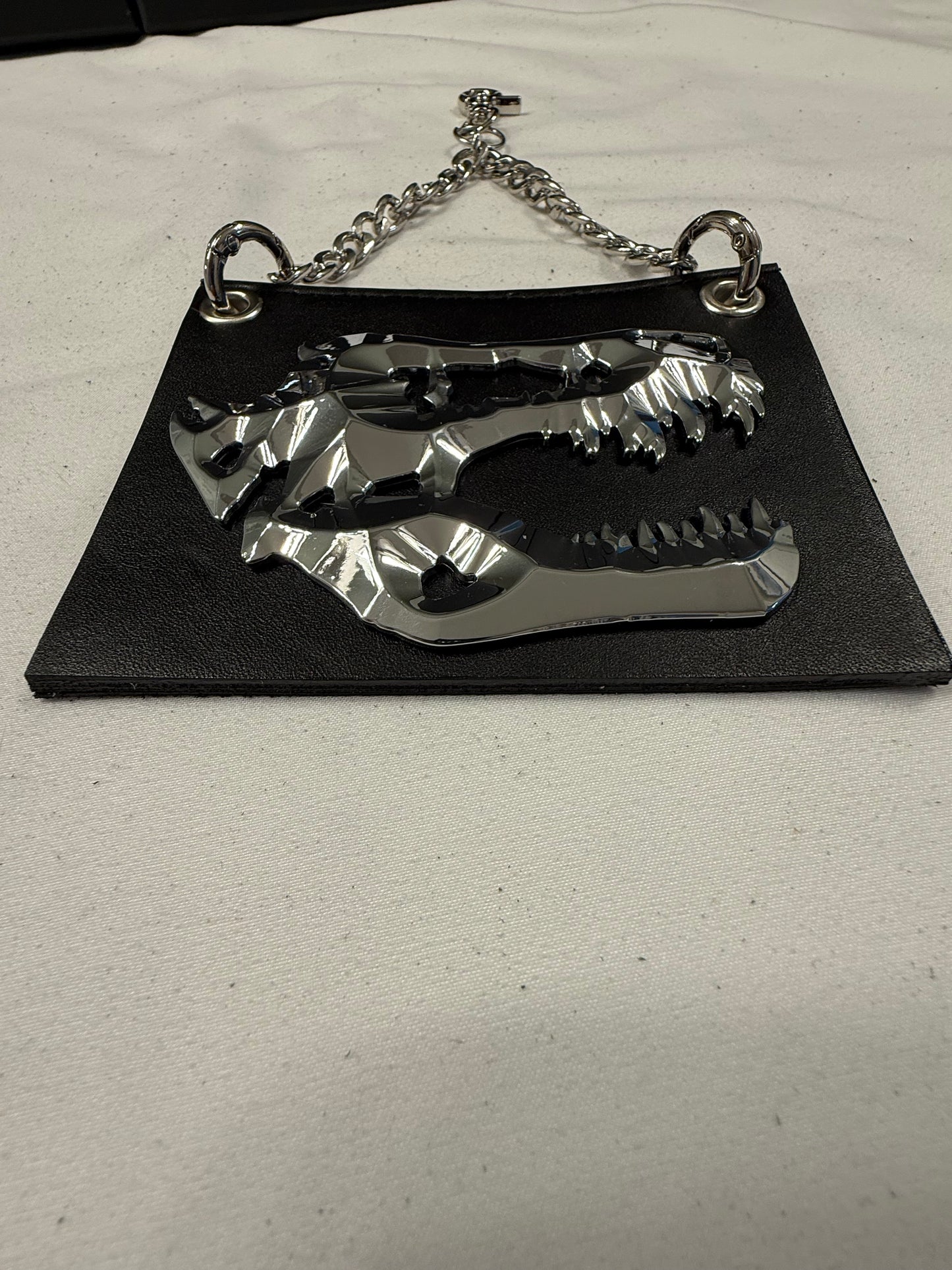 Repurposed Piece of a Coach Handbag with T-Rex Emblem Bag Charm