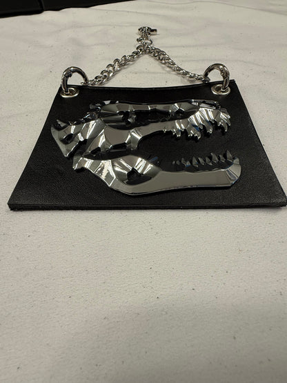 Repurposed Piece of a Coach Handbag with T-Rex Emblem Bag Charm